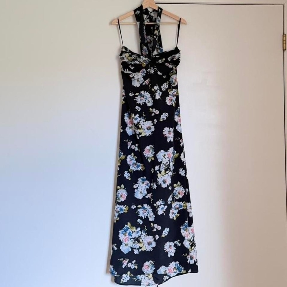 Black Floral Maxi Dress Halter Neck Cottagecore Vintage Style M